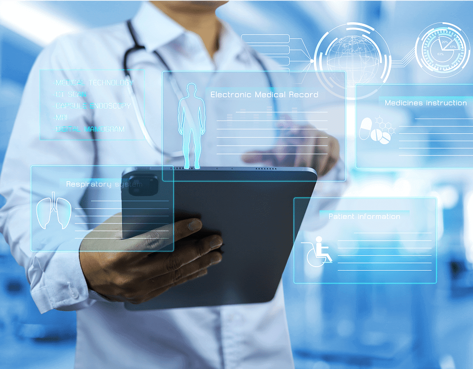 Doctor using tablet with digital medical records.