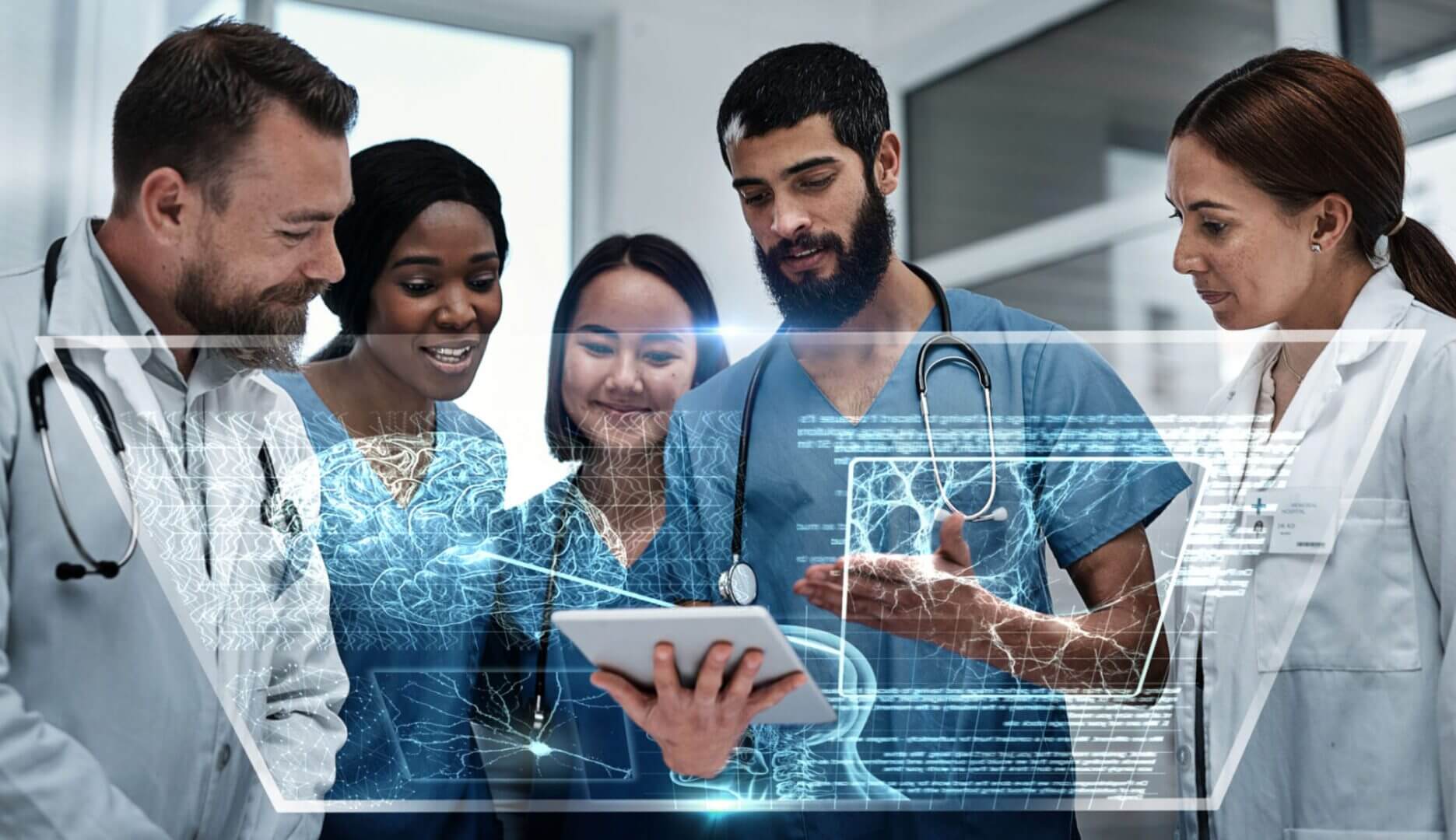Doctors discussing with digital holographic display.